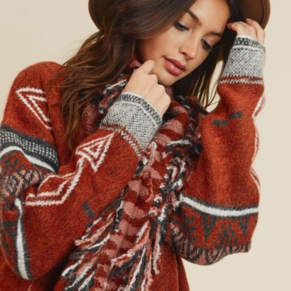 New Native Print Fringed Blanket Cardigan Sweater - Picture 2 of 6